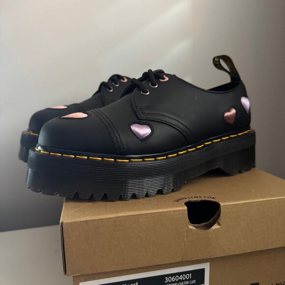 New Dr. Martens 1461 Leather Heart Platform Shoes Black Toecap Stitch Sz 8 - Picture 2 of 10